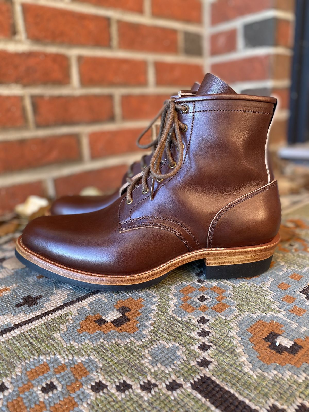 Photo by patinathunderdome on November 1, 2021 of the Flame Panda Service Boot in Conceria Walpier Natural Buttero Overdyed Brown.