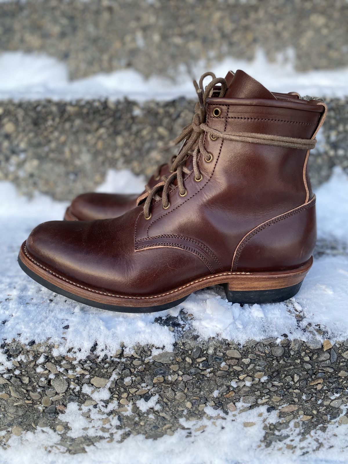 Photo by patinathunderdome on January 4, 2022 of the Flame Panda Service Boot in Conceria Walpier Natural Buttero Overdyed Brown.