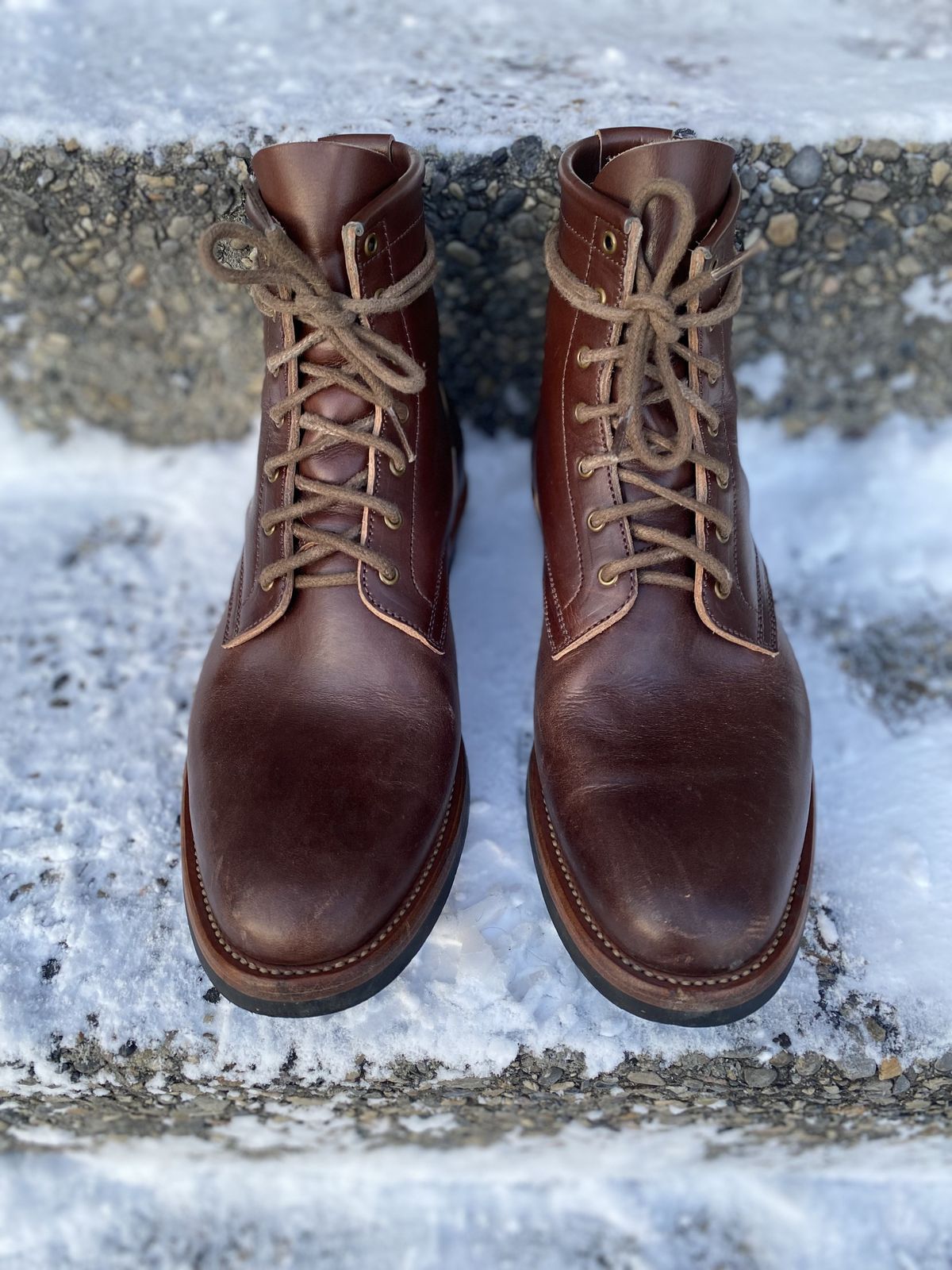 Photo by patinathunderdome on January 4, 2022 of the Flame Panda Service Boot in Conceria Walpier Natural Buttero Overdyed Brown.