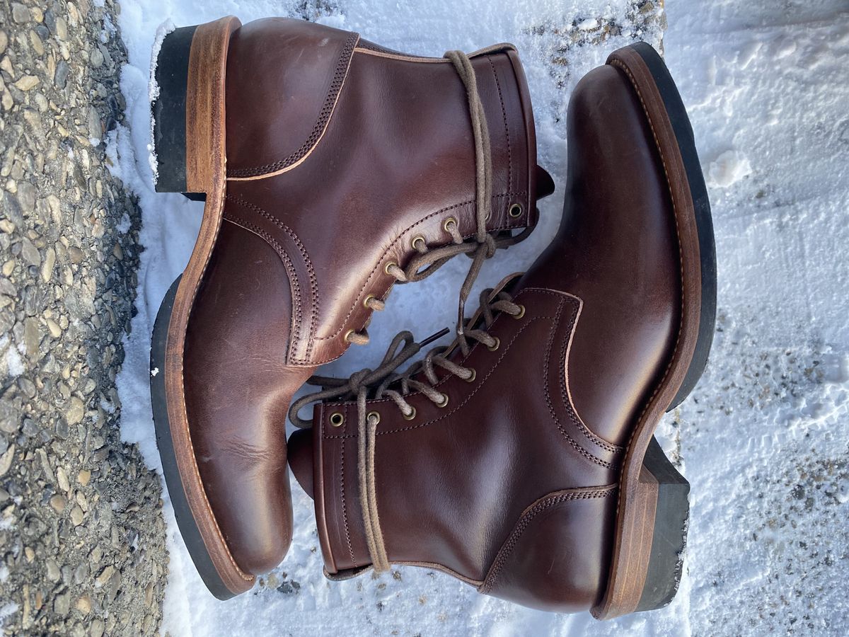 Photo by patinathunderdome on January 4, 2022 of the Flame Panda Service Boot in Conceria Walpier Natural Buttero Overdyed Brown.