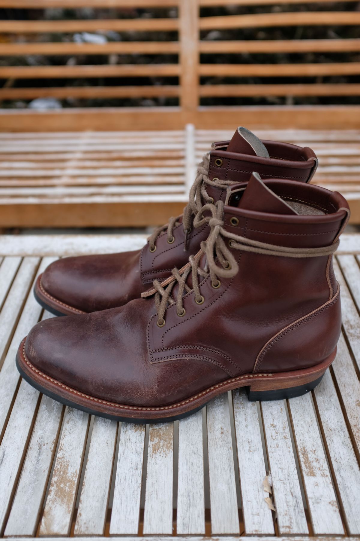 Photo by patinathunderdome on March 2, 2022 of the Flame Panda Service Boot in Conceria Walpier Natural Buttero Overdyed Brown.