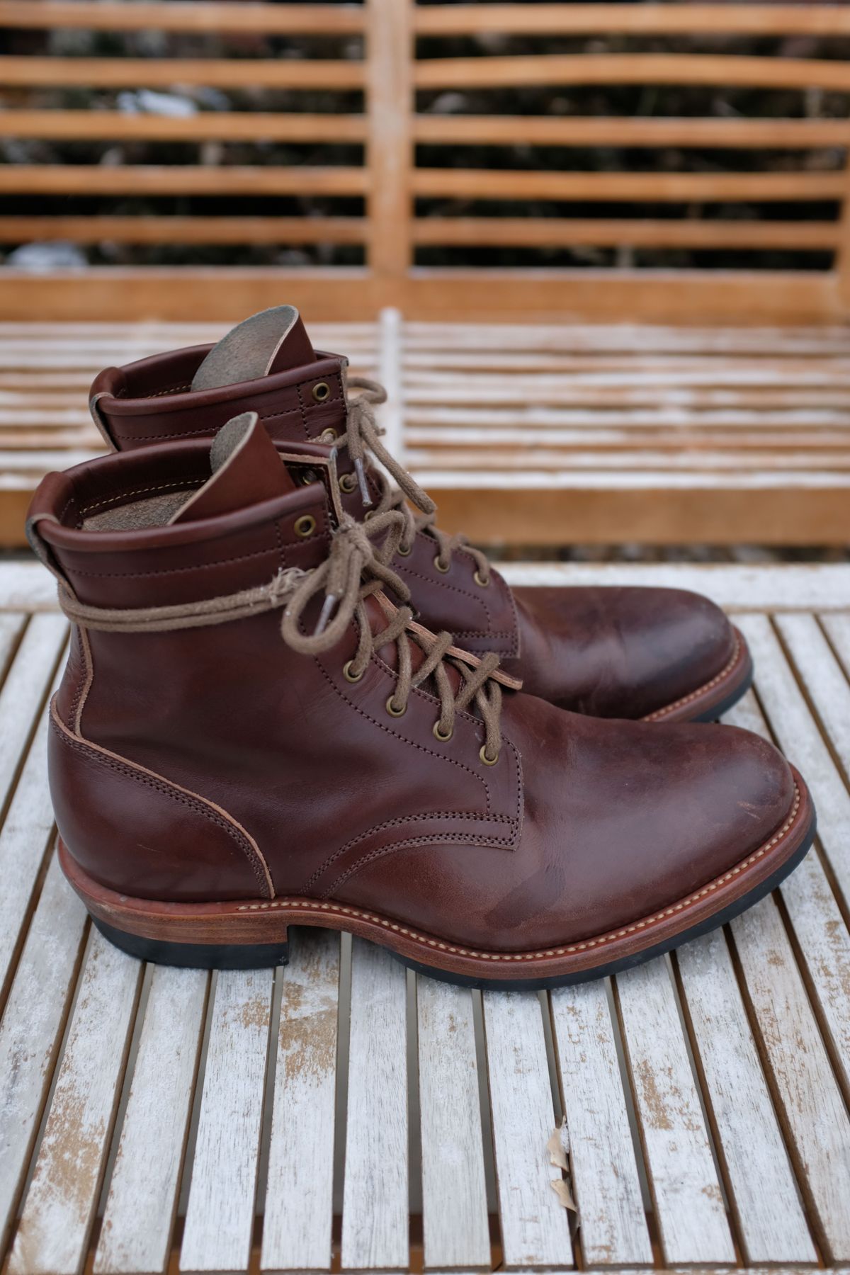 Photo by patinathunderdome on March 2, 2022 of the Flame Panda Service Boot in Conceria Walpier Natural Buttero Overdyed Brown.