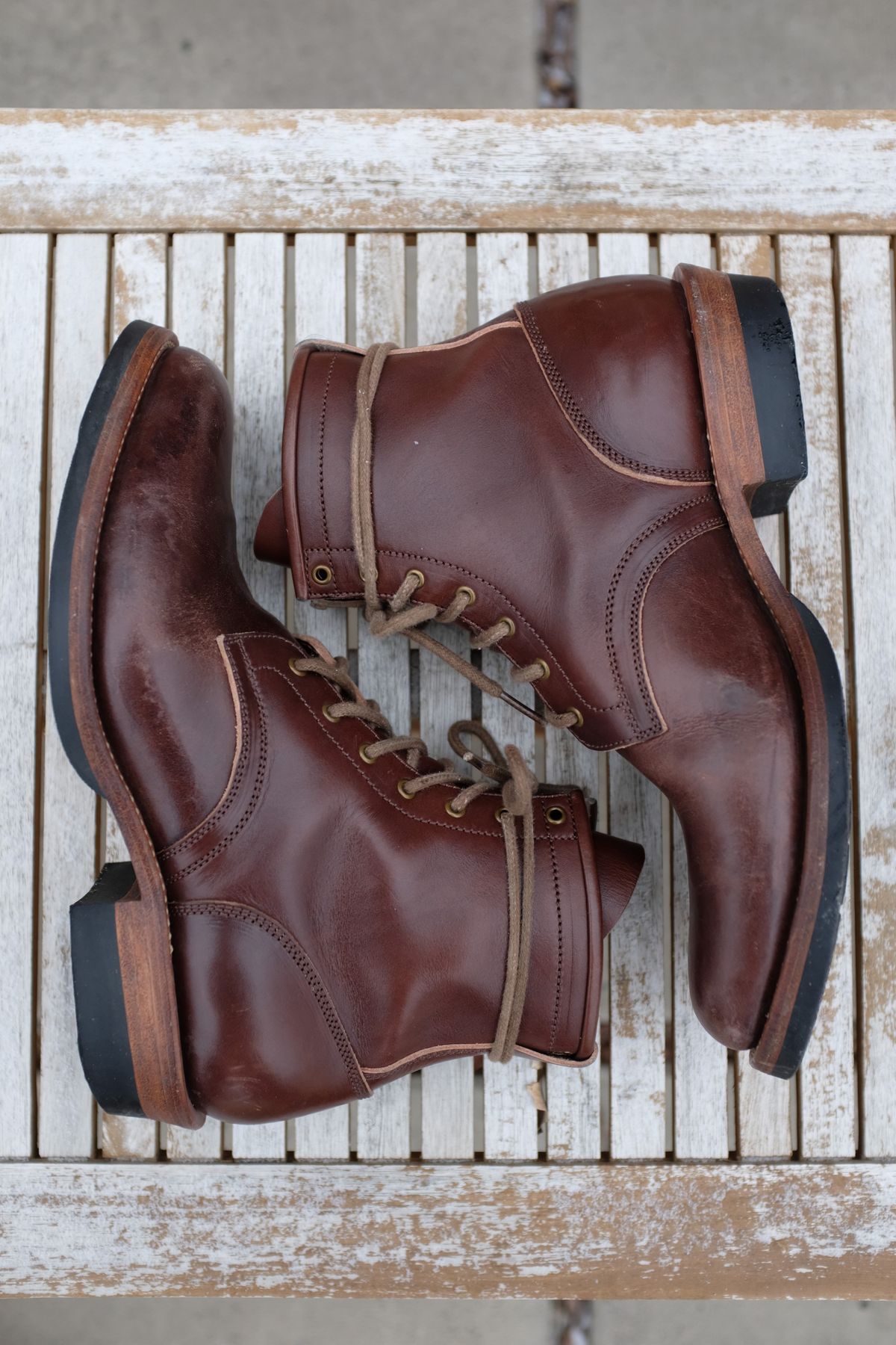 Photo by patinathunderdome on March 2, 2022 of the Flame Panda Service Boot in Conceria Walpier Natural Buttero Overdyed Brown.