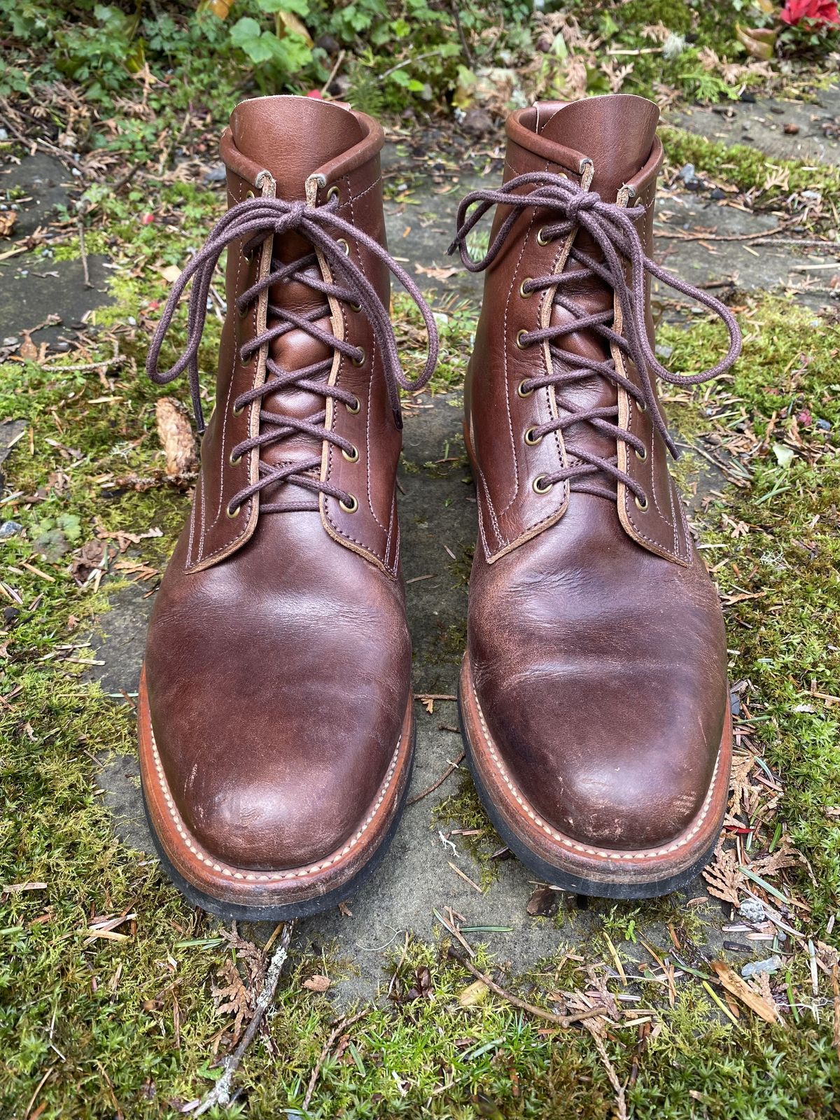 Photo by patinathunderdome on April 5, 2022 of the Flame Panda Service Boot in Conceria Walpier Natural Buttero Overdyed Brown.