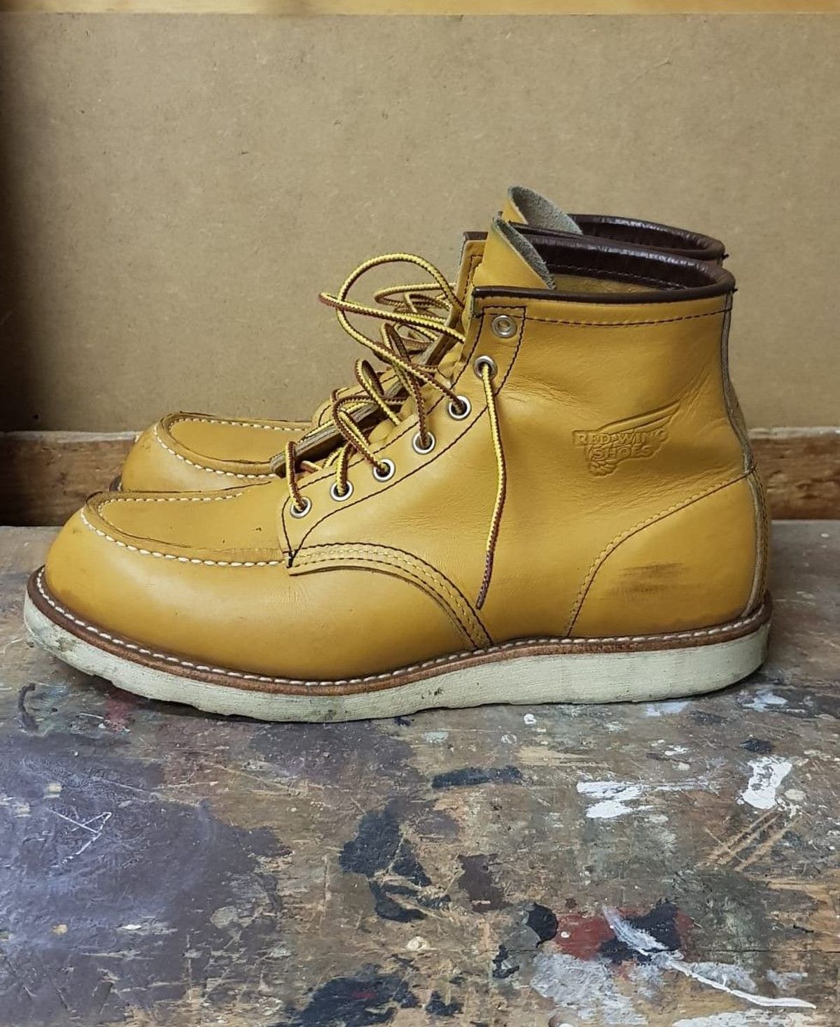 Photo by patinathunderdome on November 2, 2021 of the Red Wing 6-Inch Classic Moc in S.B. Foot Maize Mustang.