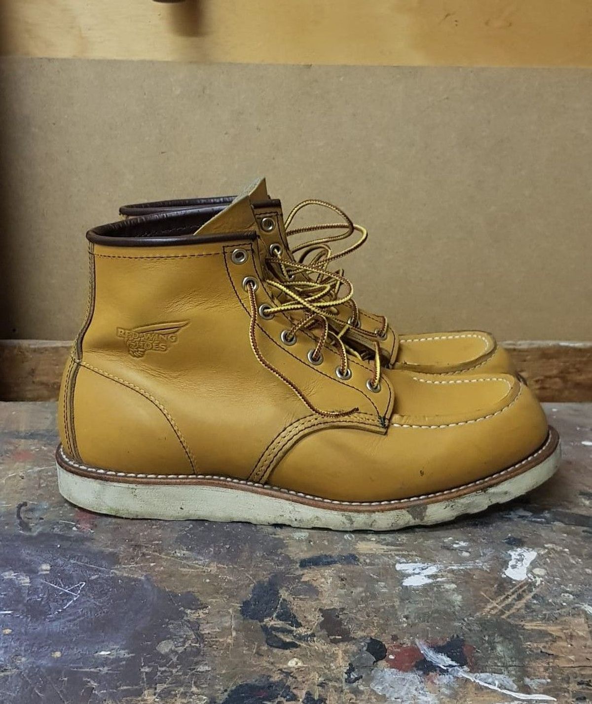 Photo by patinathunderdome on November 2, 2021 of the Red Wing 6-Inch Classic Moc in S.B. Foot Maize Mustang.
