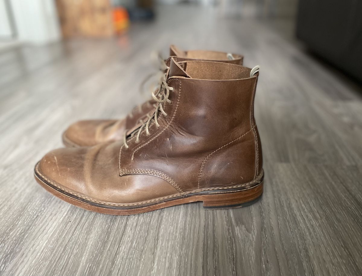 Photo by patinathunderdome on November 8, 2021 of the Officine Creative Ratio Boots in Brown Italian.