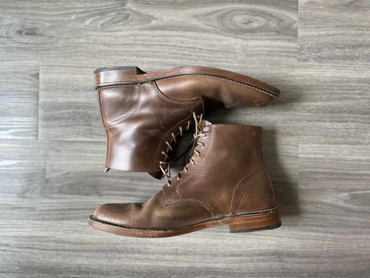 Photo by patinathunderdome on November 8, 2021 of the Officine Creative Ratio Boots in Brown Italian.