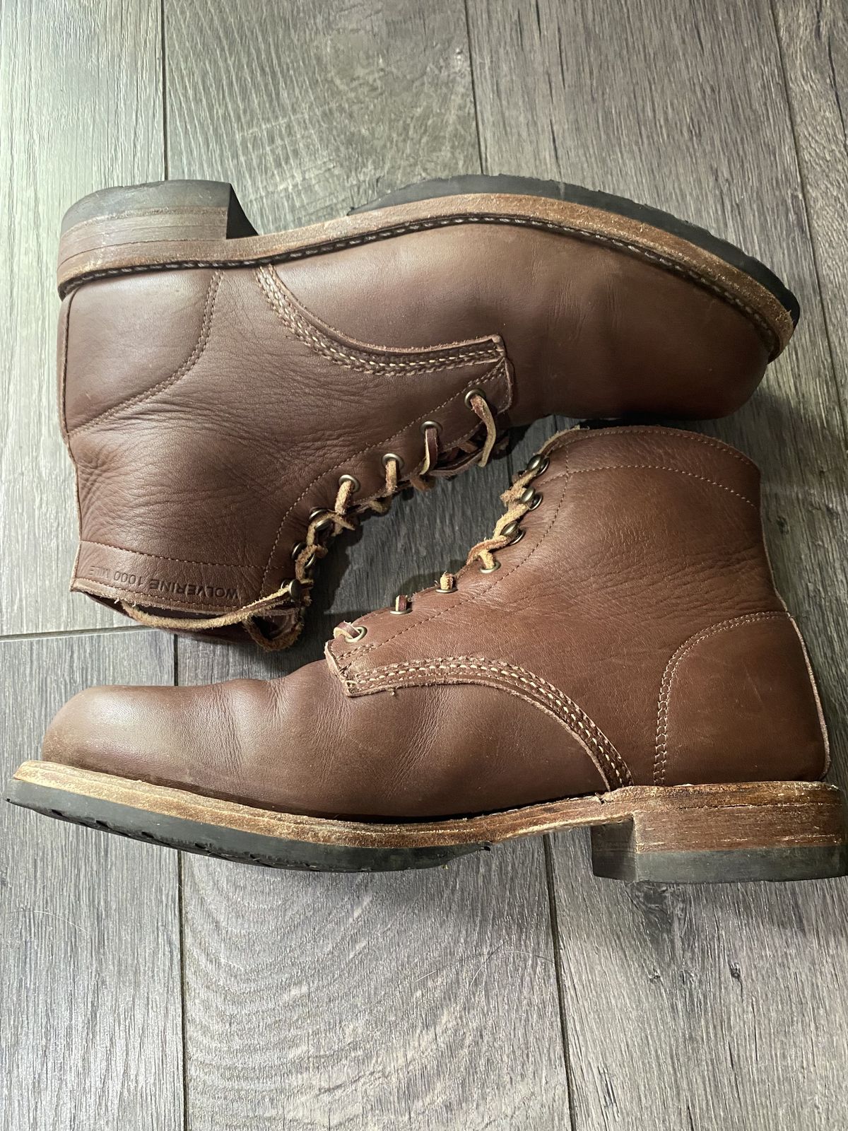 Photo by patinathunderdome on January 4, 2022 of the Wolverine 1000 Mile Cap-Toe Boot in Horween Olive Tanned.