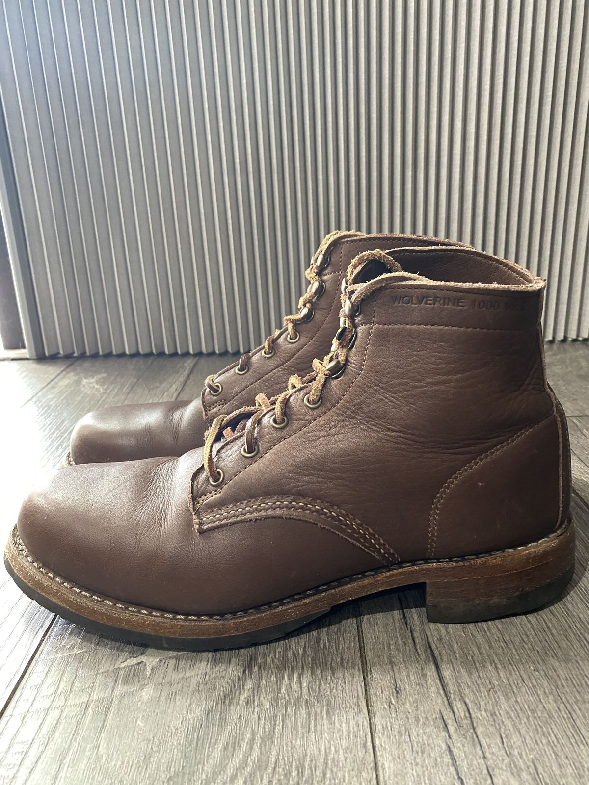 Photo by patinathunderdome on January 4, 2022 of the Wolverine 1000 Mile Cap-Toe Boot in Horween Olive Tanned.