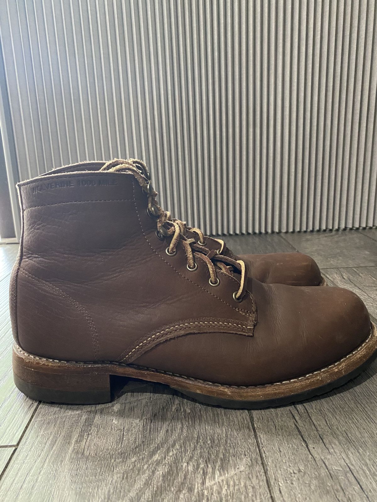 Photo by patinathunderdome on January 4, 2022 of the Wolverine 1000 Mile Cap-Toe Boot in Horween Olive Tanned.