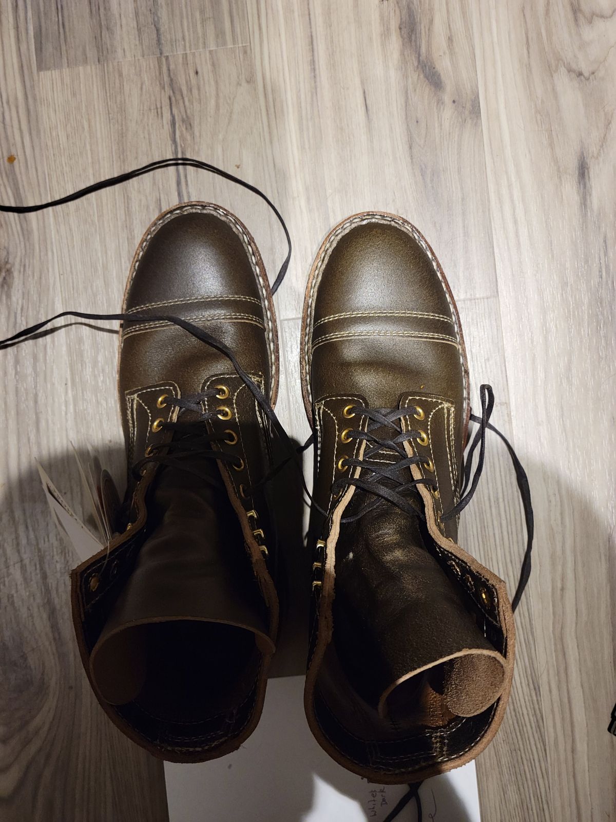 Photo by patinathunderdome on October 6, 2021 of the White's MP-Sherman Toe Cap in Horween Dark Olive Waxed Flesh.