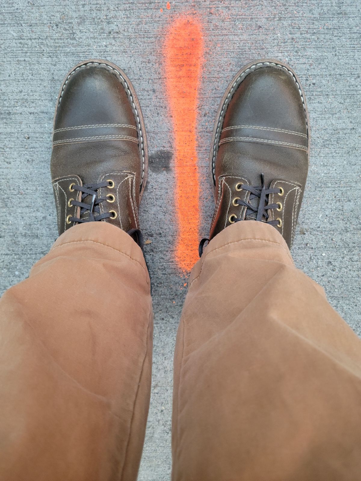 Photo by patinathunderdome on November 6, 2021 of the White's MP-Sherman Toe Cap in Horween Dark Olive Waxed Flesh.