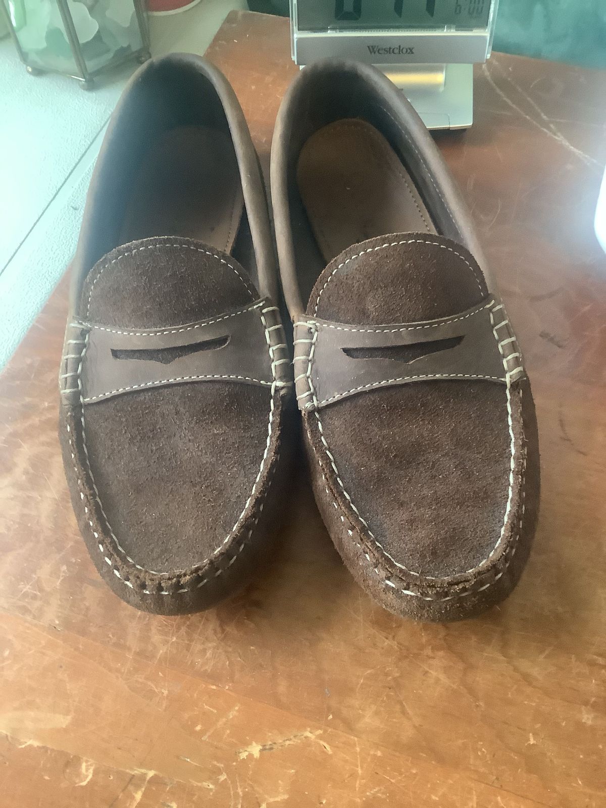 Photo by patinathunderdome on October 1, 2021 of the Quoddy Penny Driver in C.F. Stead Chocolate Repello Calf Suede.