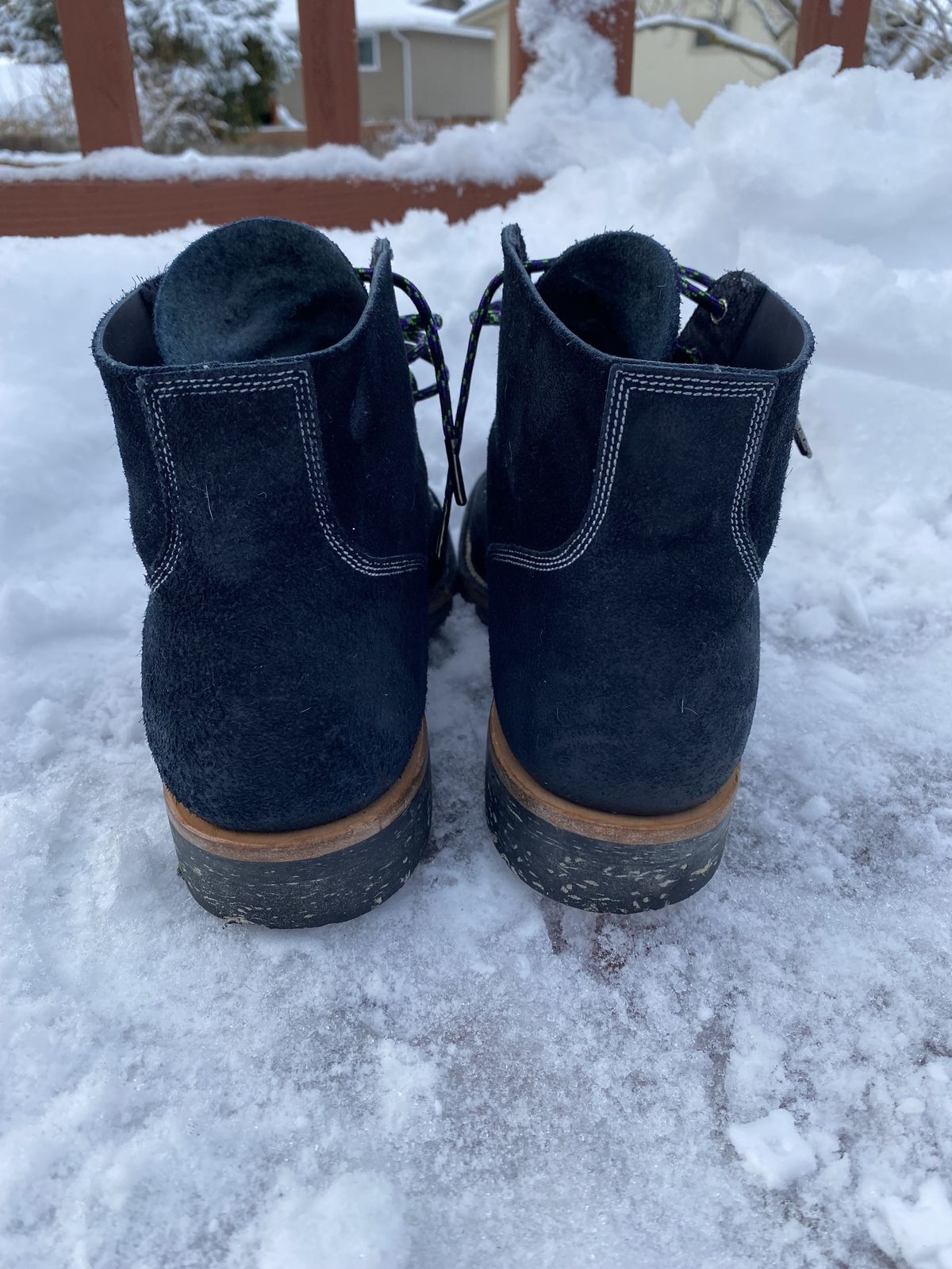 Photo by patinathunderdome on January 5, 2022 of the Viberg Boondocker in Horween Petrol Chamois Roughout.