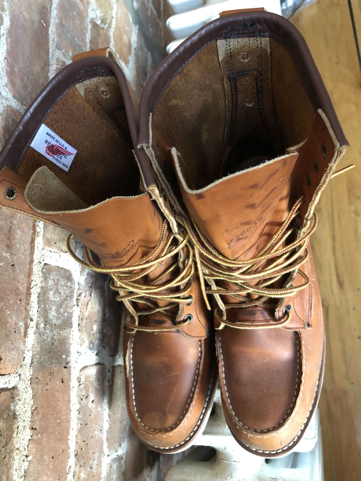 Photo by patinathunderdome on November 3, 2021 of the Red Wing 8-Inch Classic Moc in S.B. Foot Oro-Iginal.