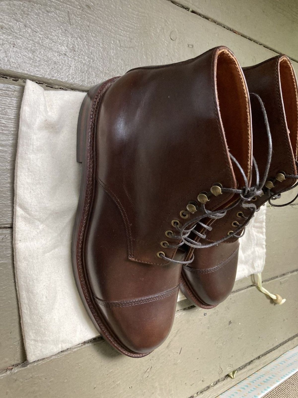 Photo by patinathunderdome on October 1, 2021 of the Grant Stone Cap Toe Boot in Horween Crimson Chromexcel.