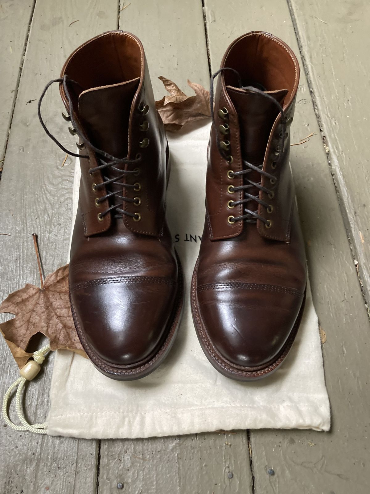 Photo by patinathunderdome on November 4, 2021 of the Grant Stone Cap Toe Boot in Horween Crimson Chromexcel.