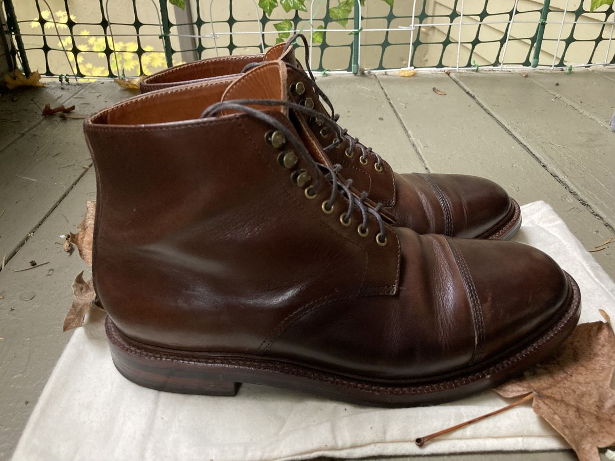 Photo by patinathunderdome on November 4, 2021 of the Grant Stone Cap Toe Boot in Horween Crimson Chromexcel.