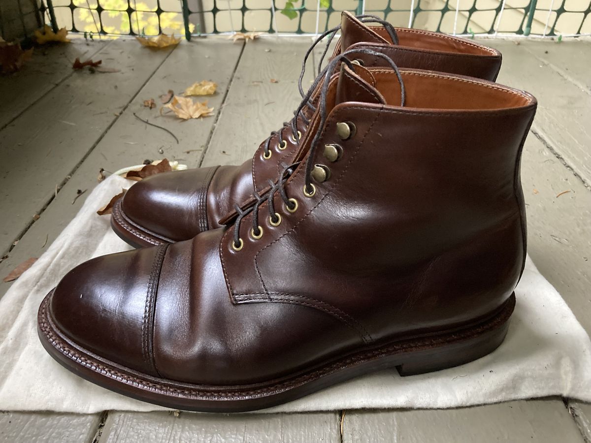Photo by patinathunderdome on November 4, 2021 of the Grant Stone Cap Toe Boot in Horween Crimson Chromexcel.