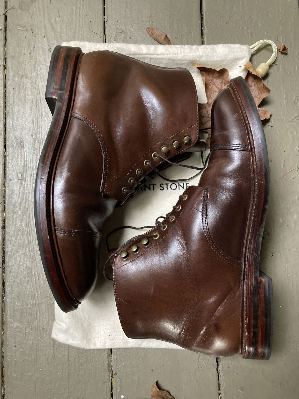 Photo by patinathunderdome on November 4, 2021 of the Grant Stone Cap Toe Boot in Horween Crimson Chromexcel.