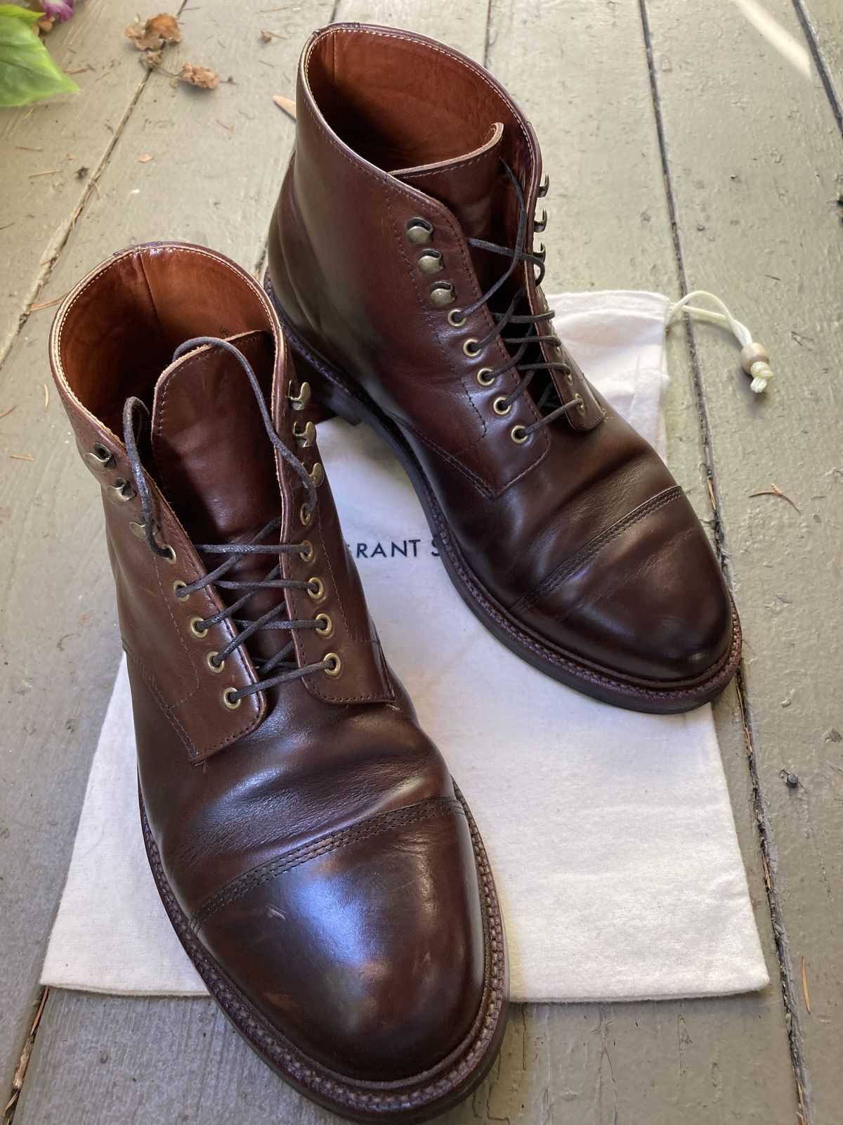 Photo by patinathunderdome on December 1, 2021 of the Grant Stone Cap Toe Boot in Horween Crimson Chromexcel.