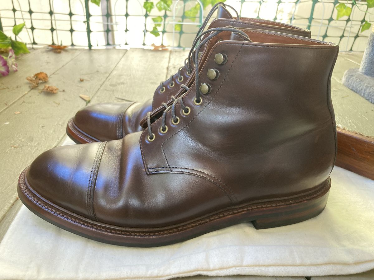 Photo by patinathunderdome on December 1, 2021 of the Grant Stone Cap Toe Boot in Horween Crimson Chromexcel.