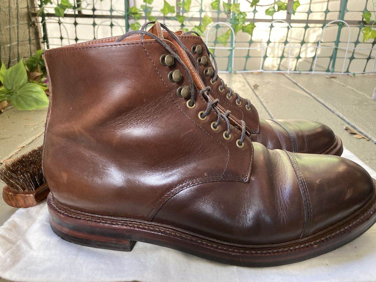 Photo by patinathunderdome on December 1, 2021 of the Grant Stone Cap Toe Boot in Horween Crimson Chromexcel.