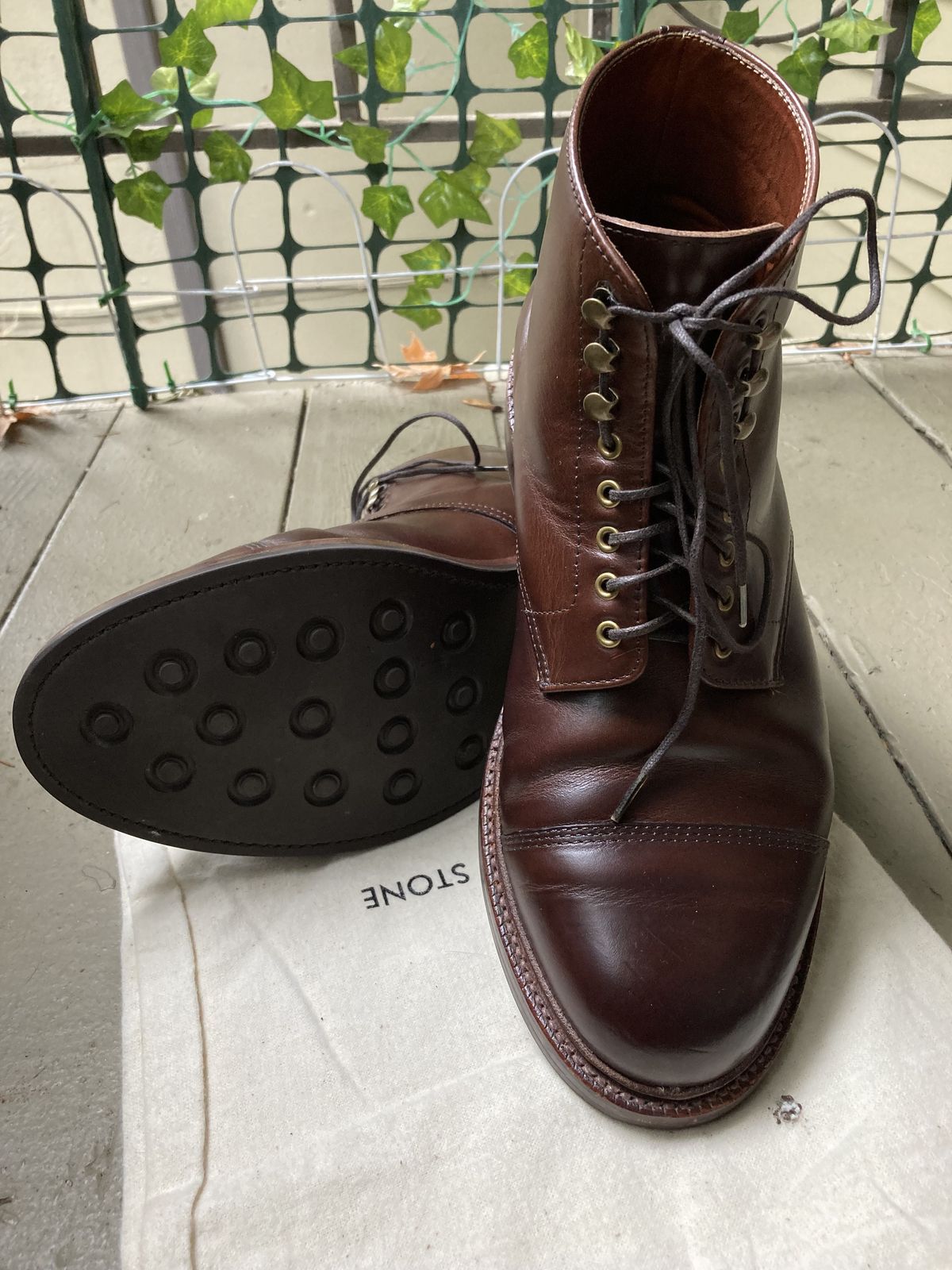 Photo by patinathunderdome on January 3, 2022 of the Grant Stone Cap Toe Boot in Horween Crimson Chromexcel.
