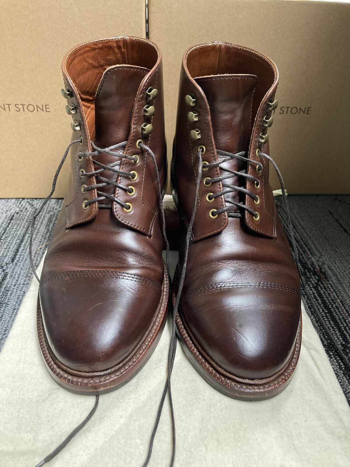 Photo by patinathunderdome on March 1, 2022 of the Grant Stone Cap Toe Boot in Horween Crimson Chromexcel.