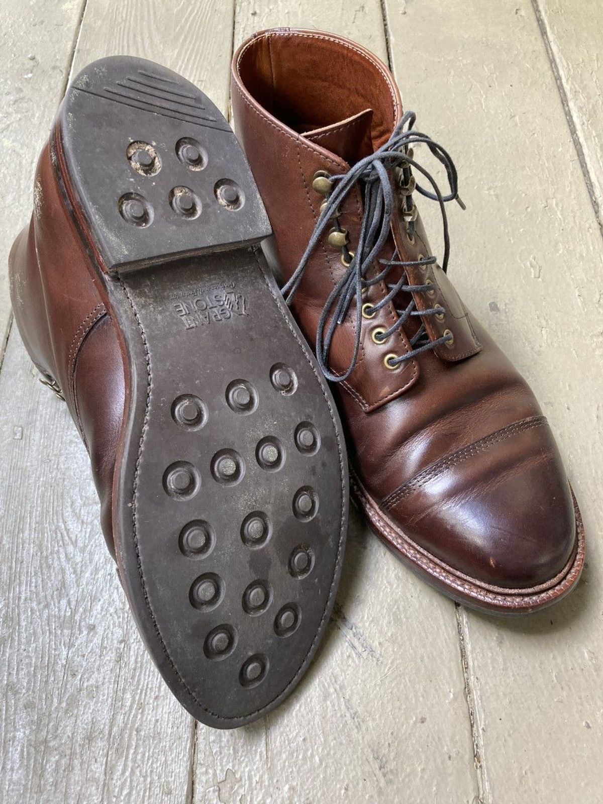 Photo by patinathunderdome on April 1, 2022 of the Grant Stone Cap Toe Boot in Horween Crimson Chromexcel.