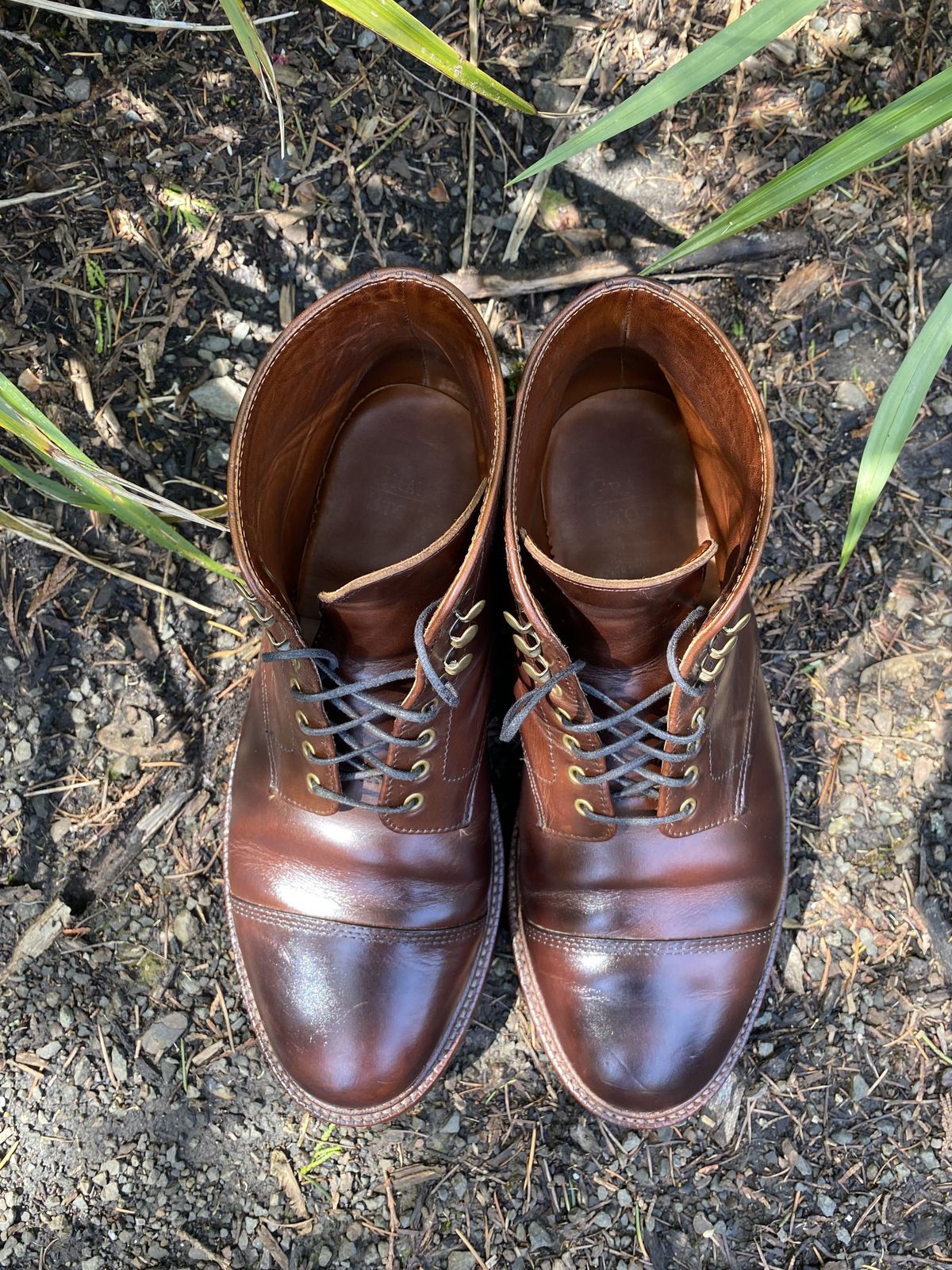 Photo by patinathunderdome on May 1, 2022 of the Grant Stone Cap Toe Boot in Horween Crimson Chromexcel.