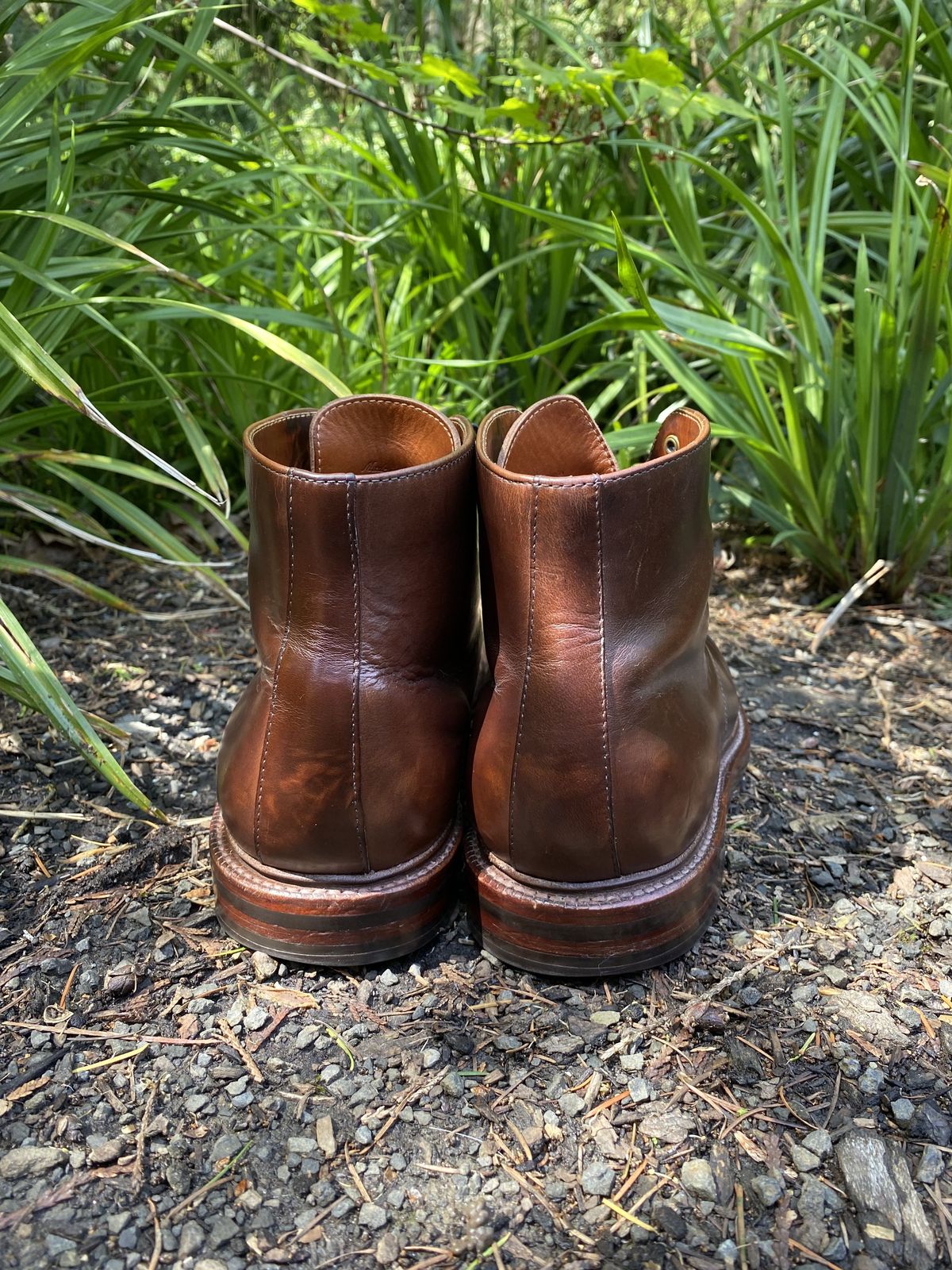 Photo by patinathunderdome on May 1, 2022 of the Grant Stone Cap Toe Boot in Horween Crimson Chromexcel.