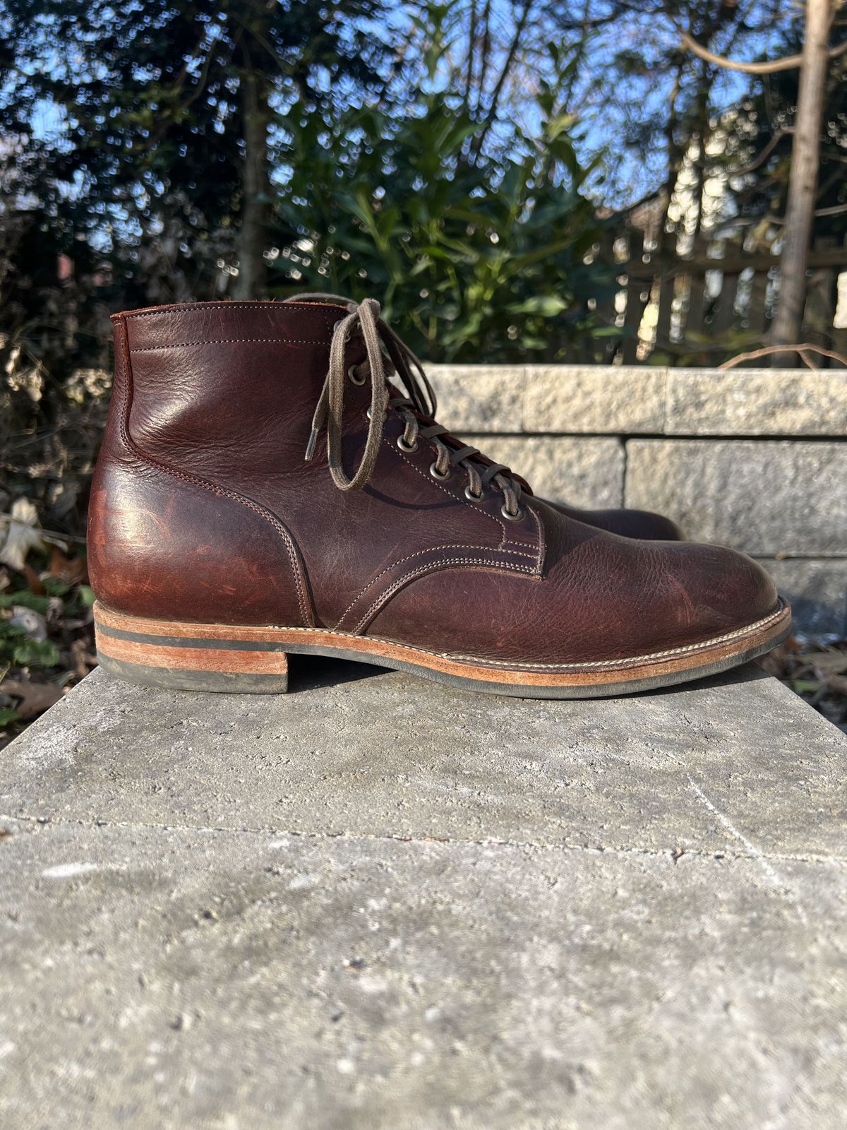 Photo by patinathunderdome on December 1, 2021 of the Viberg Service Boot in C.F. Stead Espresso Classic Oiled Shoulder.