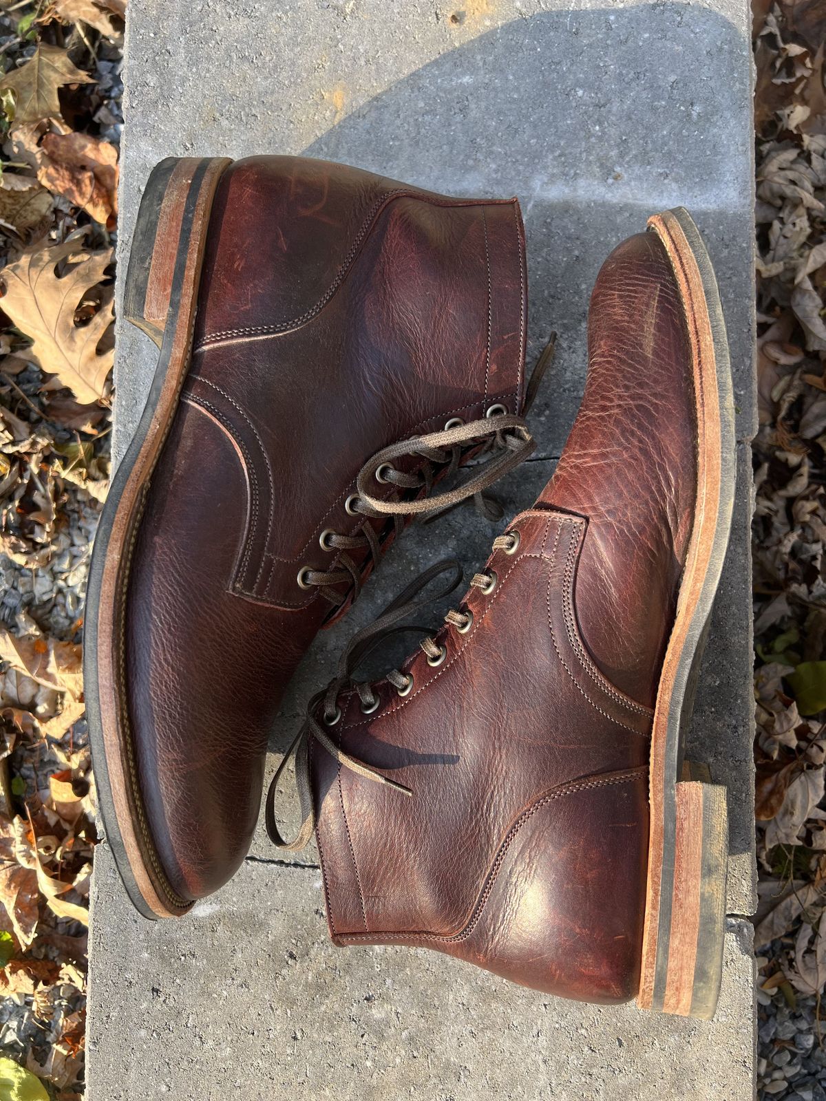 Photo by patinathunderdome on December 1, 2021 of the Viberg Service Boot in C.F. Stead Espresso Classic Oiled Shoulder.