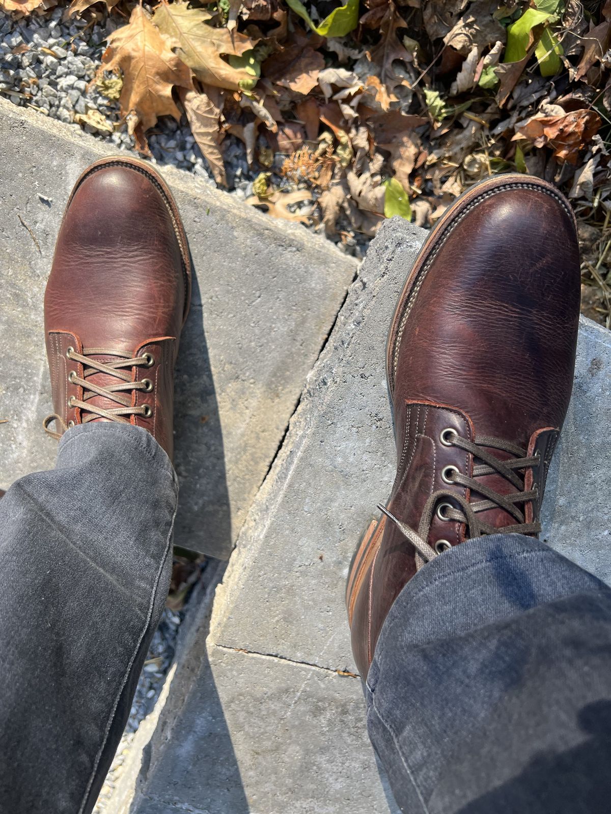 Photo by patinathunderdome on December 1, 2021 of the Viberg Service Boot in C.F. Stead Espresso Classic Oiled Shoulder.