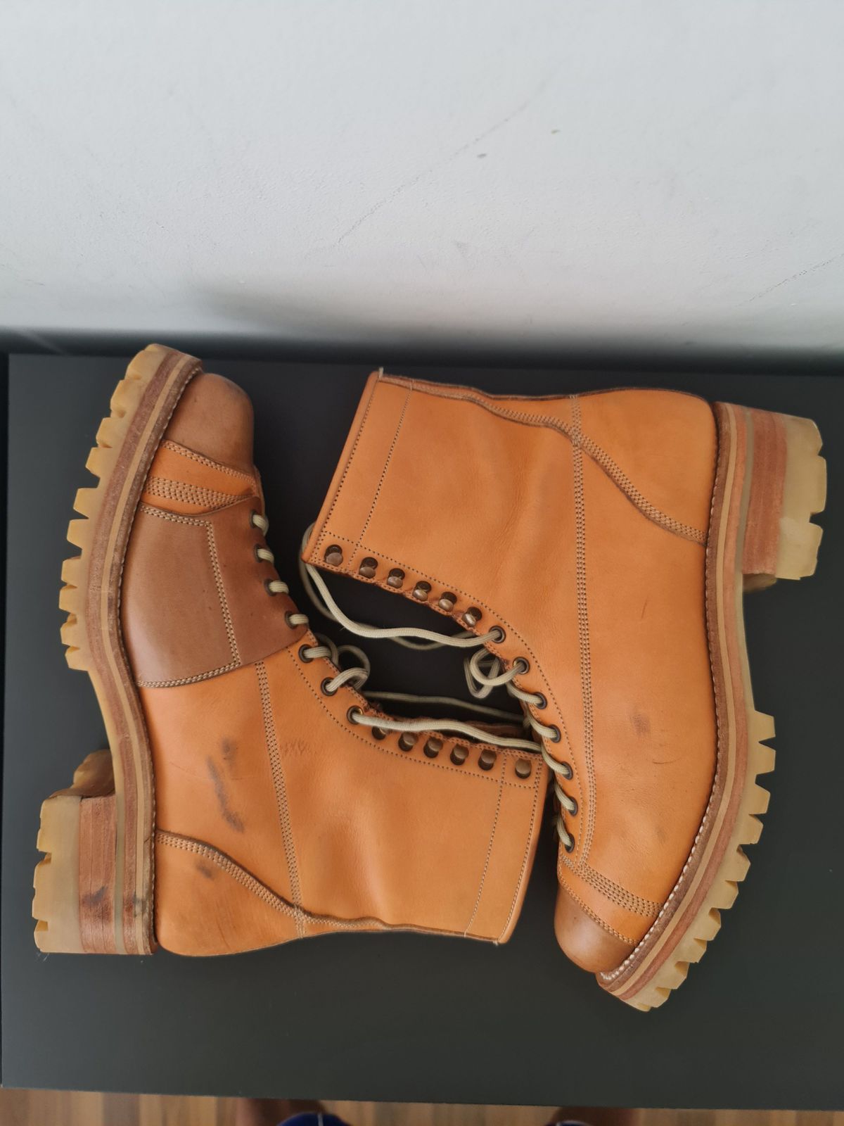 Photo by patinathunderdome on December 5, 2021 of the Bad Hat Brothers Monkey Boots in Horween Natural Essex.
