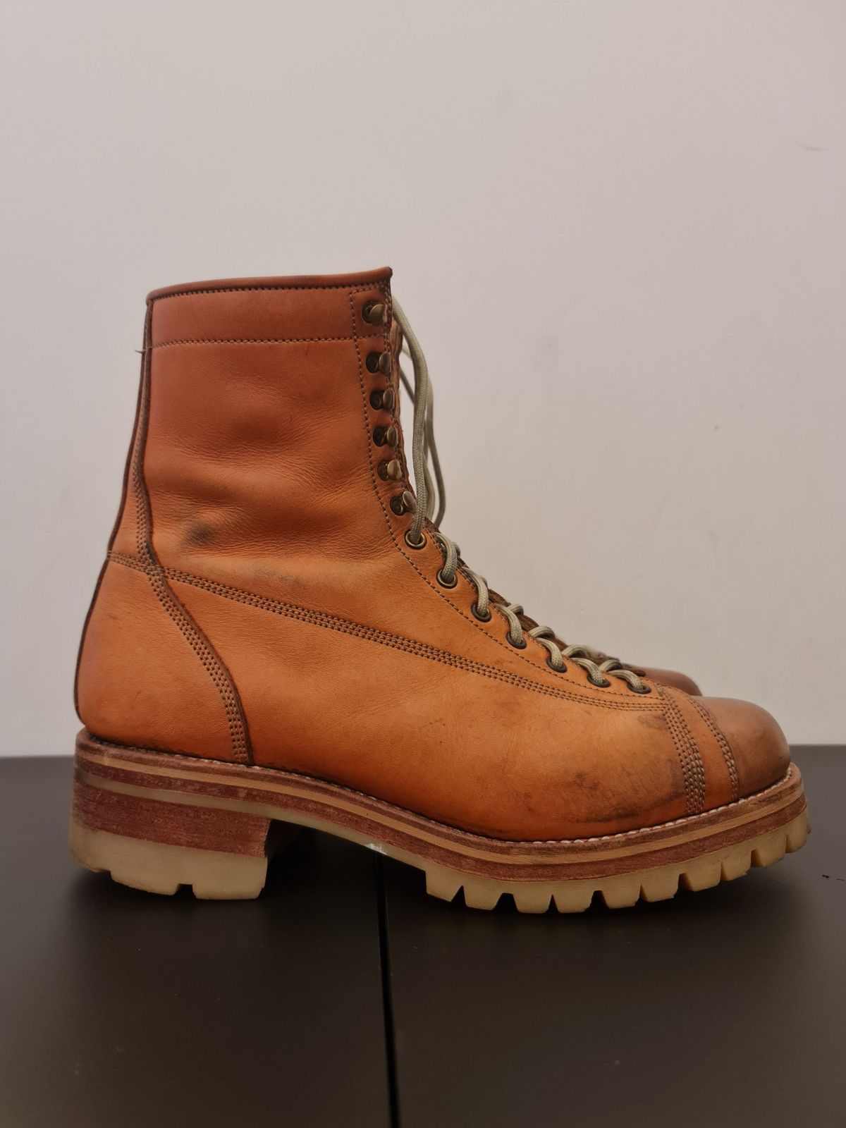 Photo by patinathunderdome on February 3, 2022 of the Bad Hat Brothers Monkey Boots in Horween Natural Essex.
