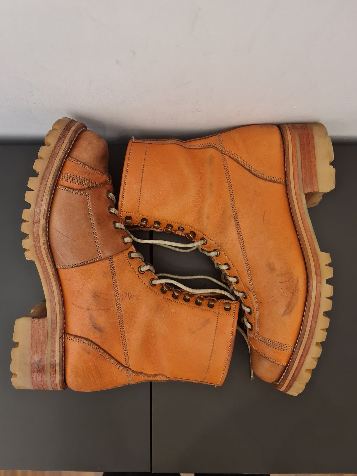 Photo by patinathunderdome on February 3, 2022 of the Bad Hat Brothers Monkey Boots in Horween Natural Essex.