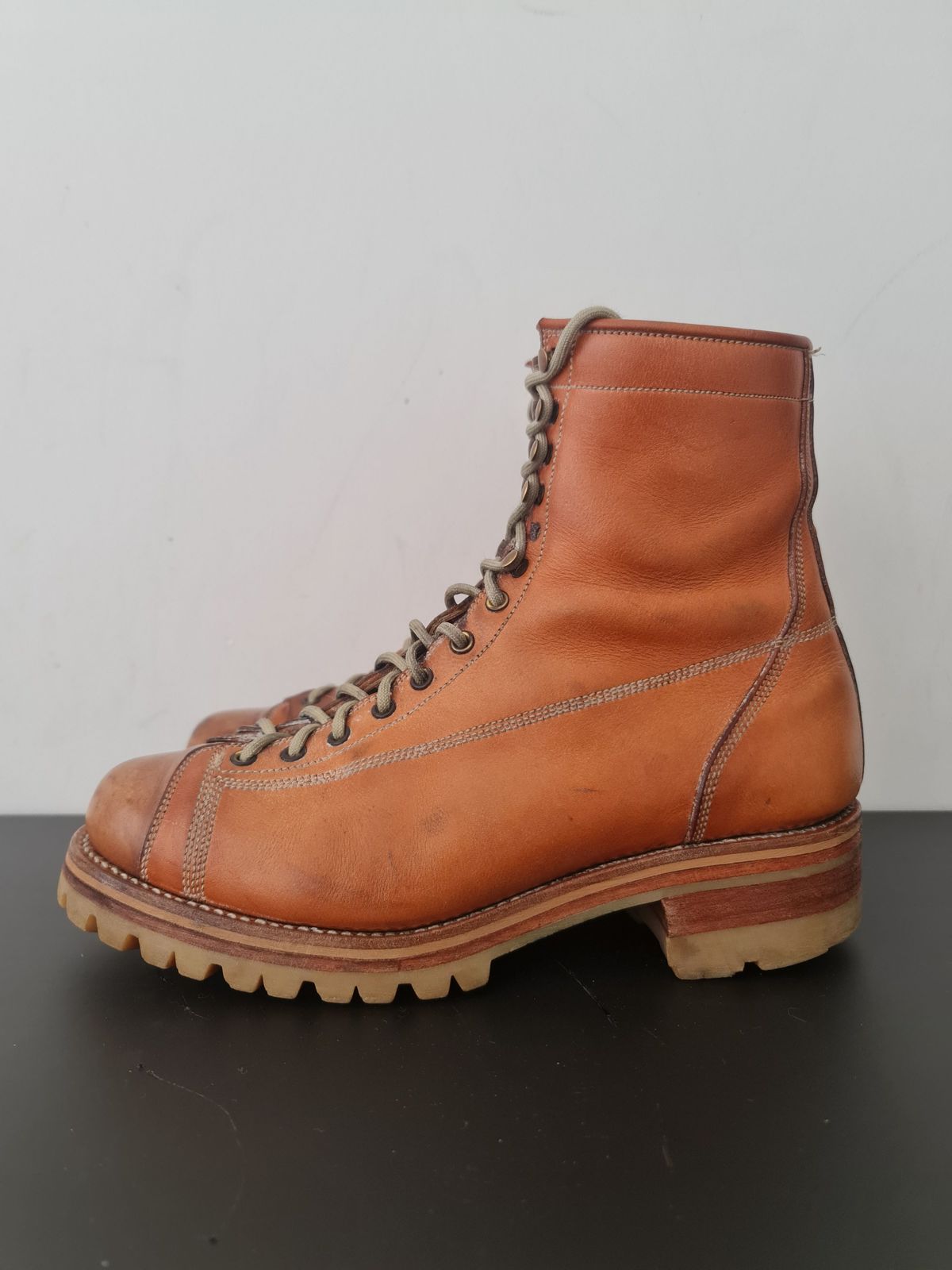 Photo by patinathunderdome on April 5, 2022 of the Bad Hat Brothers Monkey Boots in Horween Natural Essex.