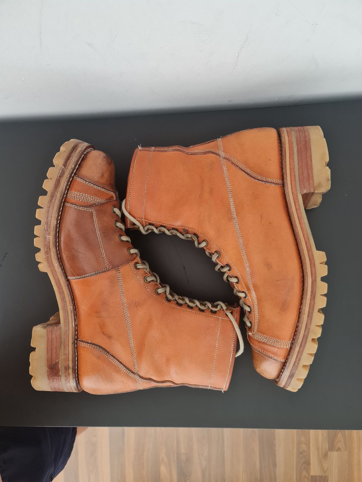 Photo by patinathunderdome on April 5, 2022 of the Bad Hat Brothers Monkey Boots in Horween Natural Essex.