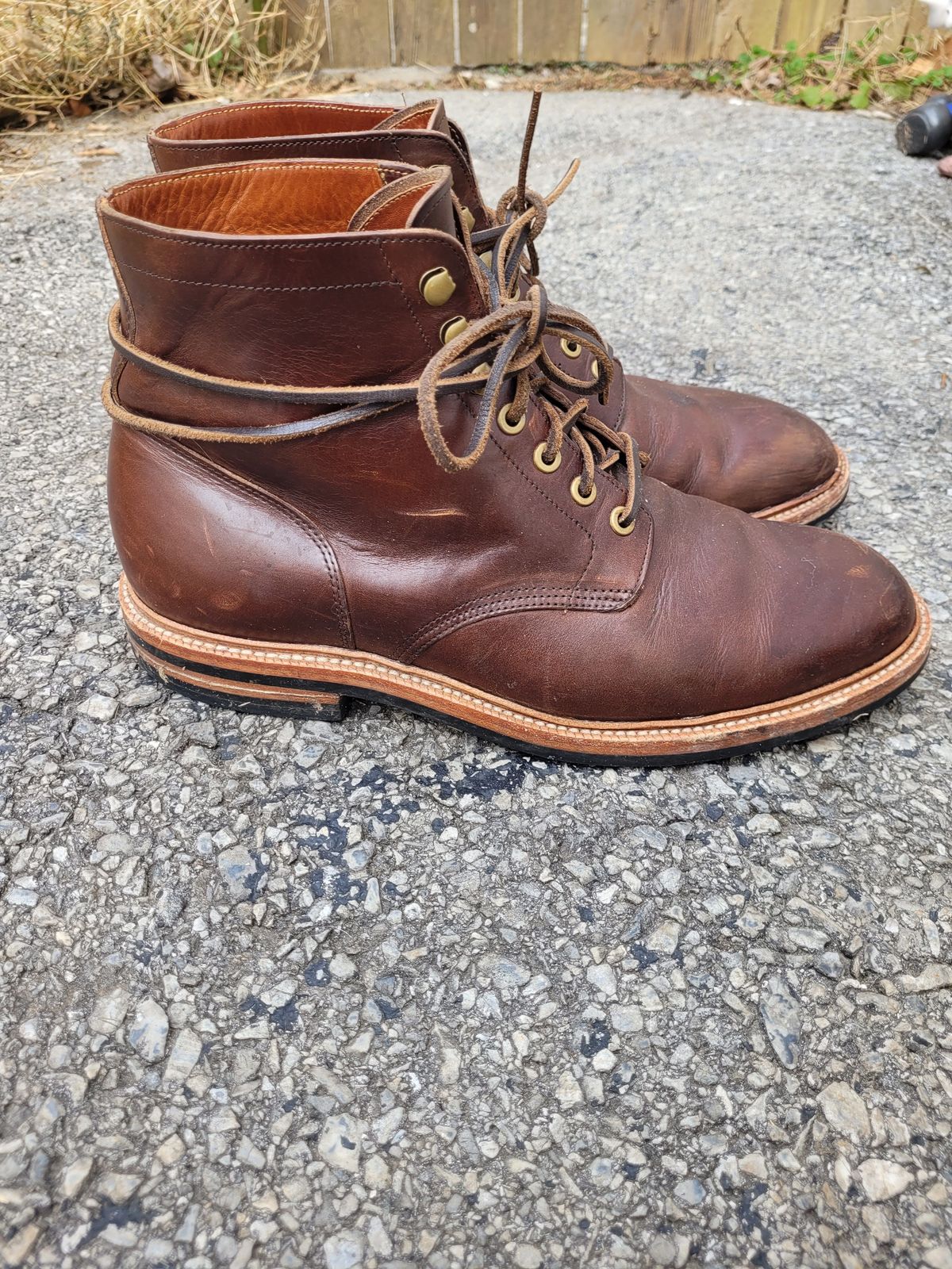 Photo by patinathunderdome on December 4, 2021 of the Grant Stone Diesel Boot in Horween Crimson Chromexcel.