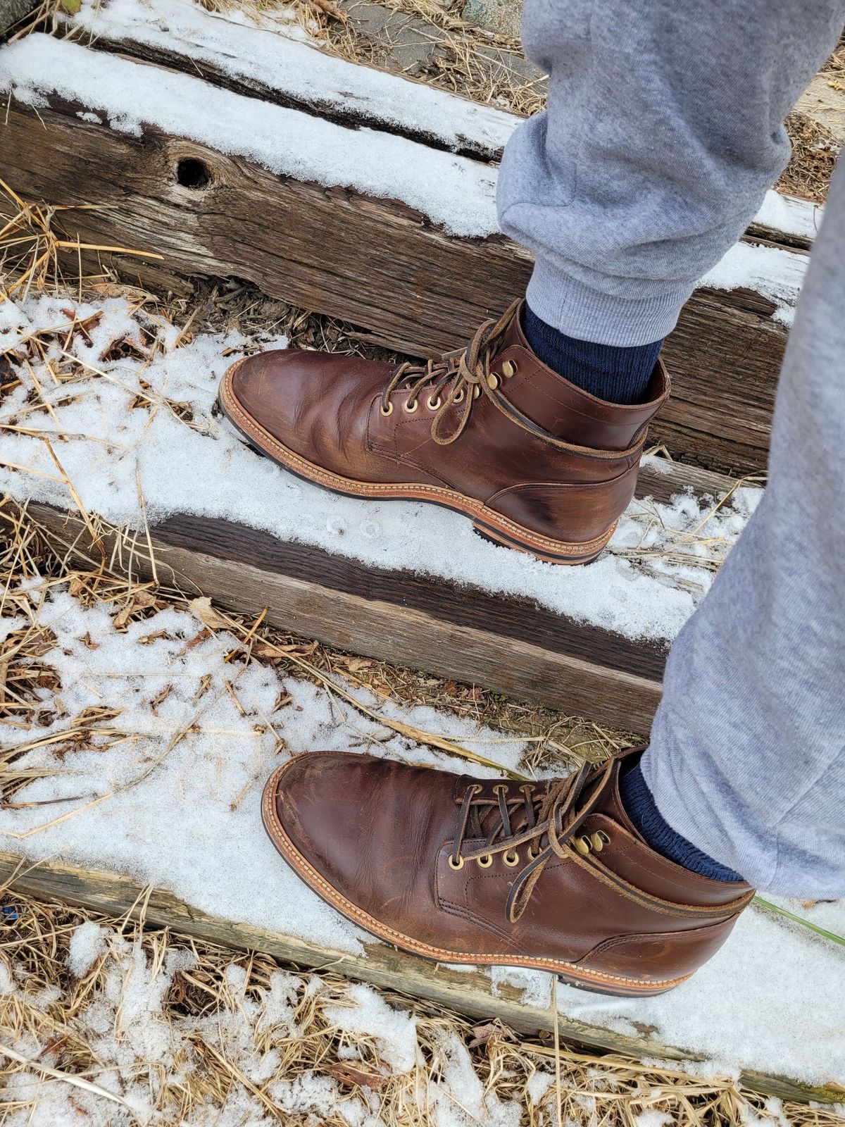 Photo by patinathunderdome on January 4, 2022 of the Grant Stone Diesel Boot in Horween Crimson Chromexcel.