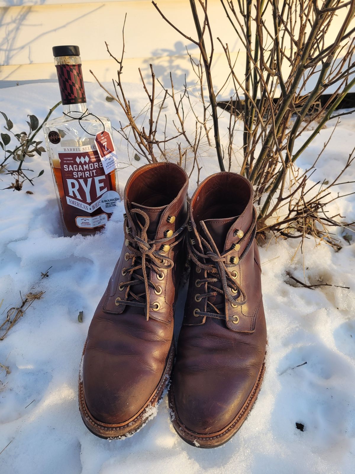 Photo by patinathunderdome on February 1, 2022 of the Grant Stone Diesel Boot in Horween Crimson Chromexcel.