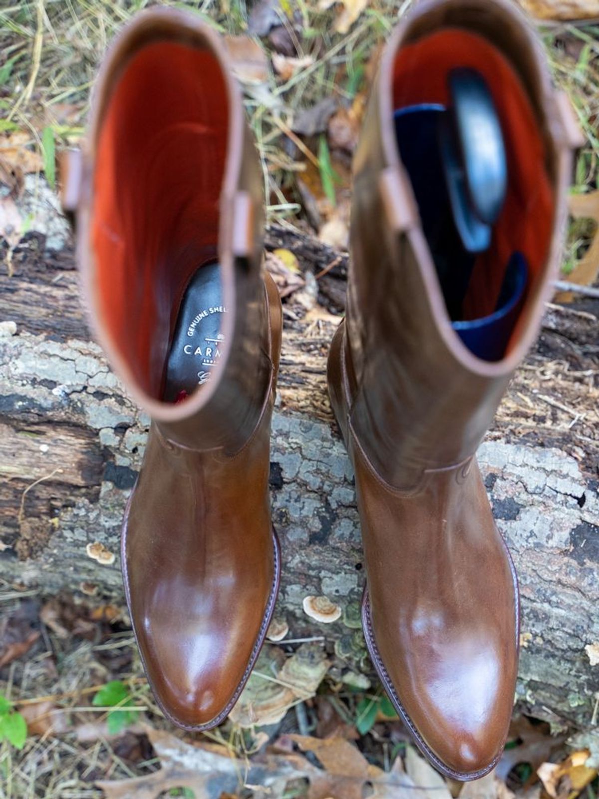Photo by patinathunderdome on November 9, 2021 of the Carmina Riding Boots 1506 in Horween Cognac Shell Cordovan.