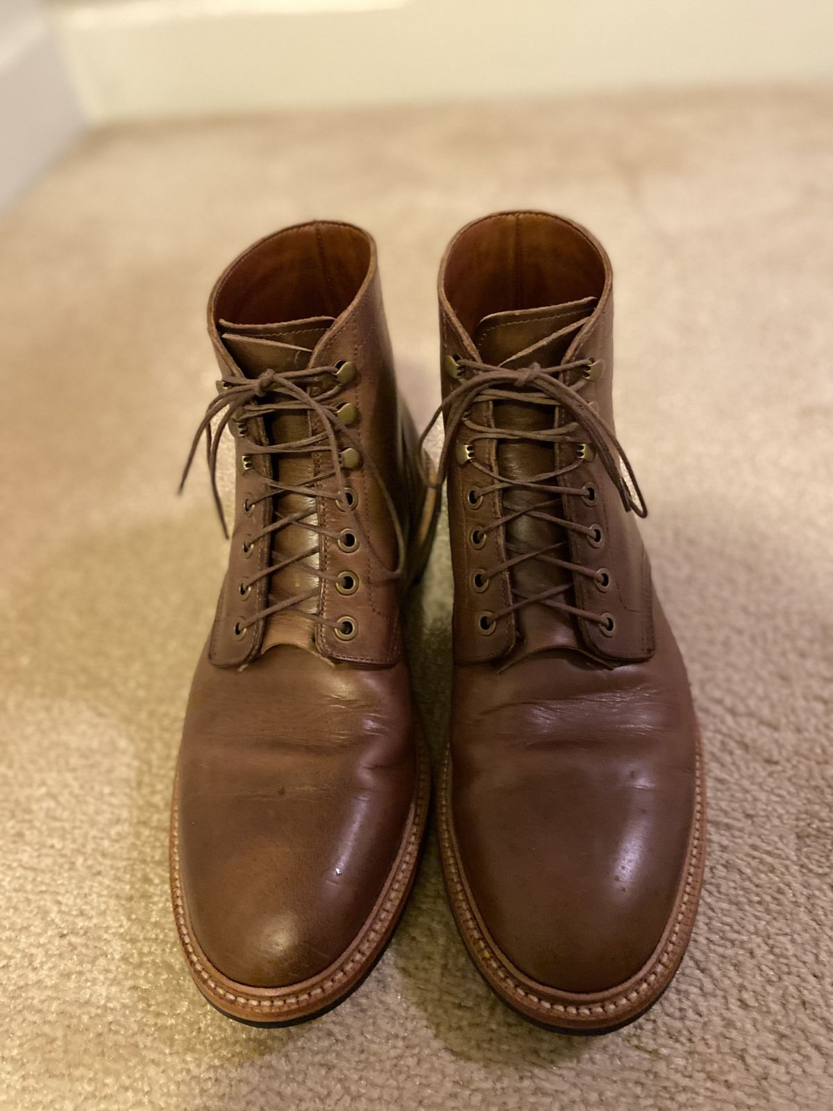Photo by patinathunderdome on November 5, 2021 of the Grant Stone Diesel Boot in Horween Dune Chromexcel.