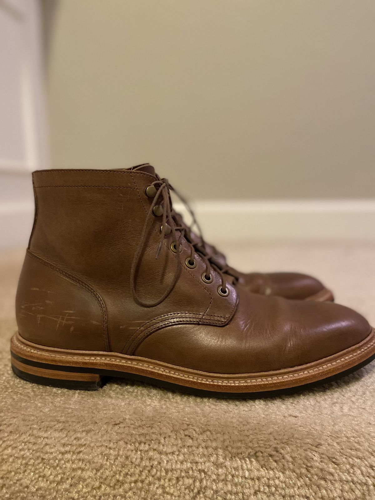 Photo by patinathunderdome on November 5, 2021 of the Grant Stone Diesel Boot in Horween Dune Chromexcel.