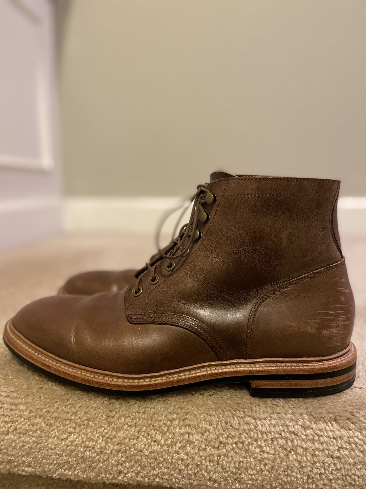 Photo by patinathunderdome on November 5, 2021 of the Grant Stone Diesel Boot in Horween Dune Chromexcel.