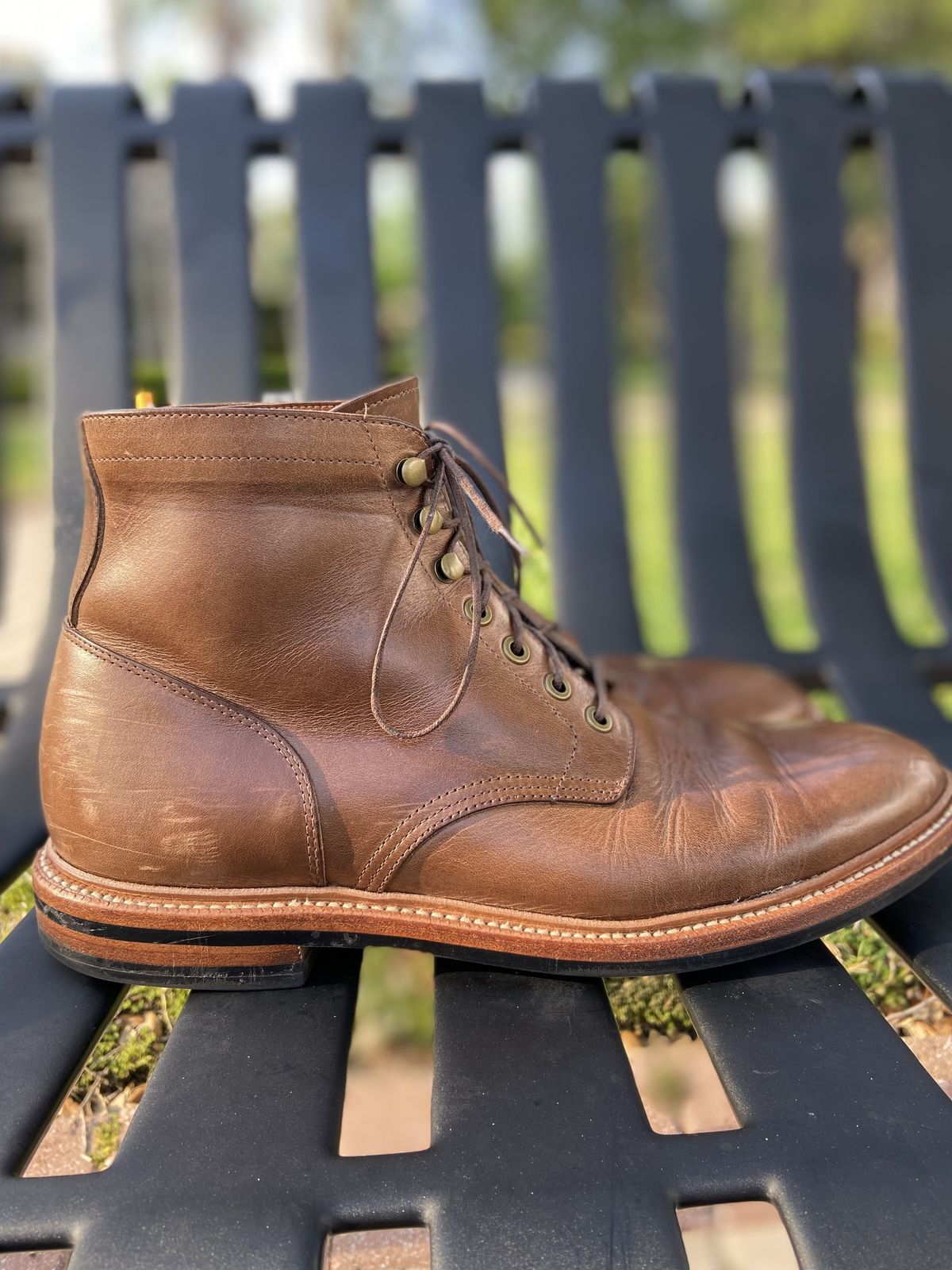 Photo by patinathunderdome on May 4, 2022 of the Grant Stone Diesel Boot in Horween Dune Chromexcel.