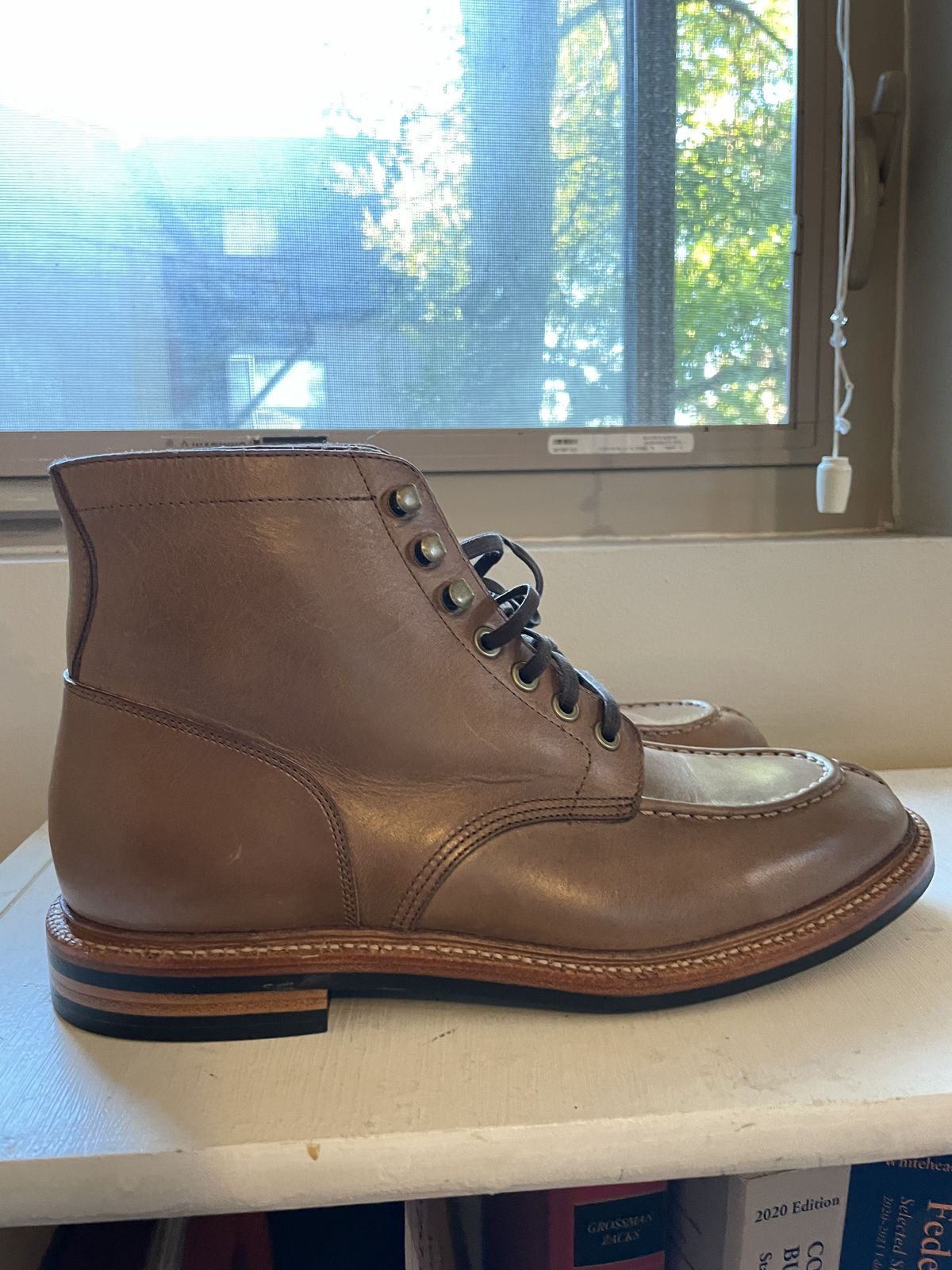 Photo by patinathunderdome on November 1, 2021 of the Grant Stone Ottawa Boot in Horween Dune Chromexcel.